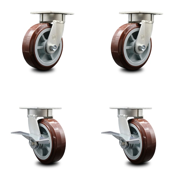 6 Inch Kingpinless Poly on Polyolefin Wheel Swivel Caster Set with 2 Brakes SCC